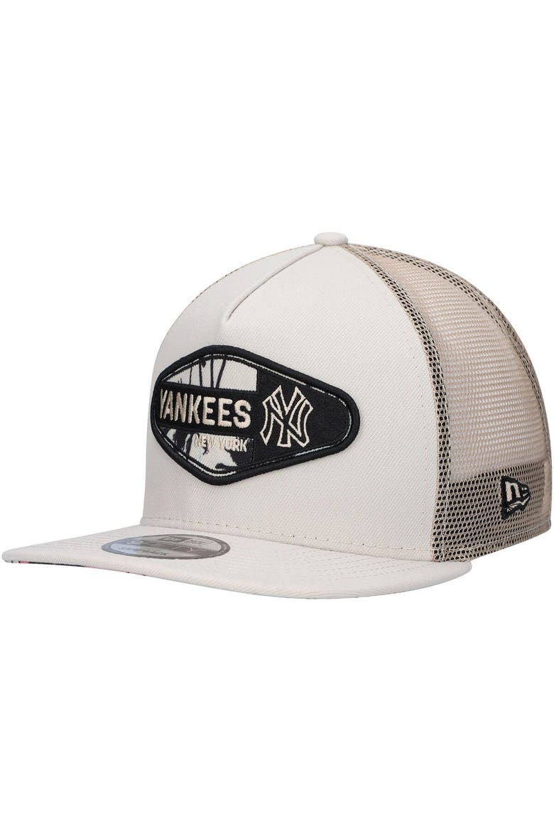 Men's New Era Natural New York Yankees Retro Beachin' Patch A-Frame Trucker 9FIFTY Snapback Hat, Main, color, Natural