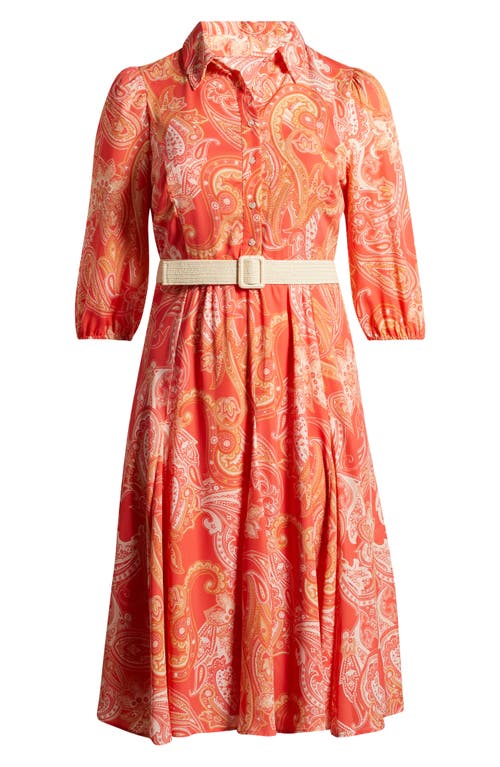 Tahari Asl Paisley Belted Fit & Flare Shirtdress In Coral Paisley