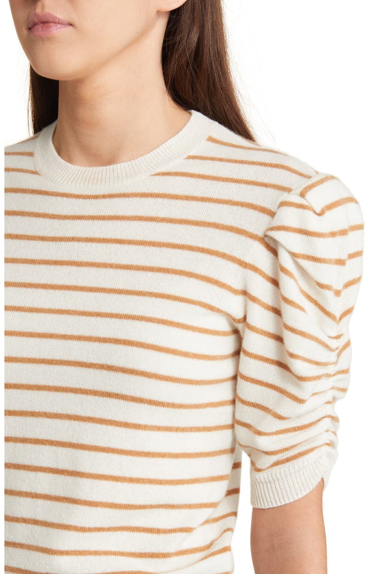 Stripe Ruched Sleeve Cashmere Sweater, Alternate, color, CAMEL MULTI