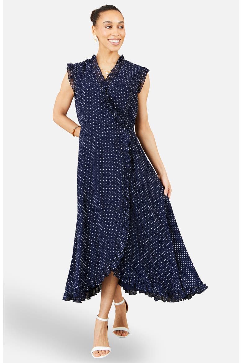 Polka Dot Midi Wrap Dress, Alternate, color, Navy