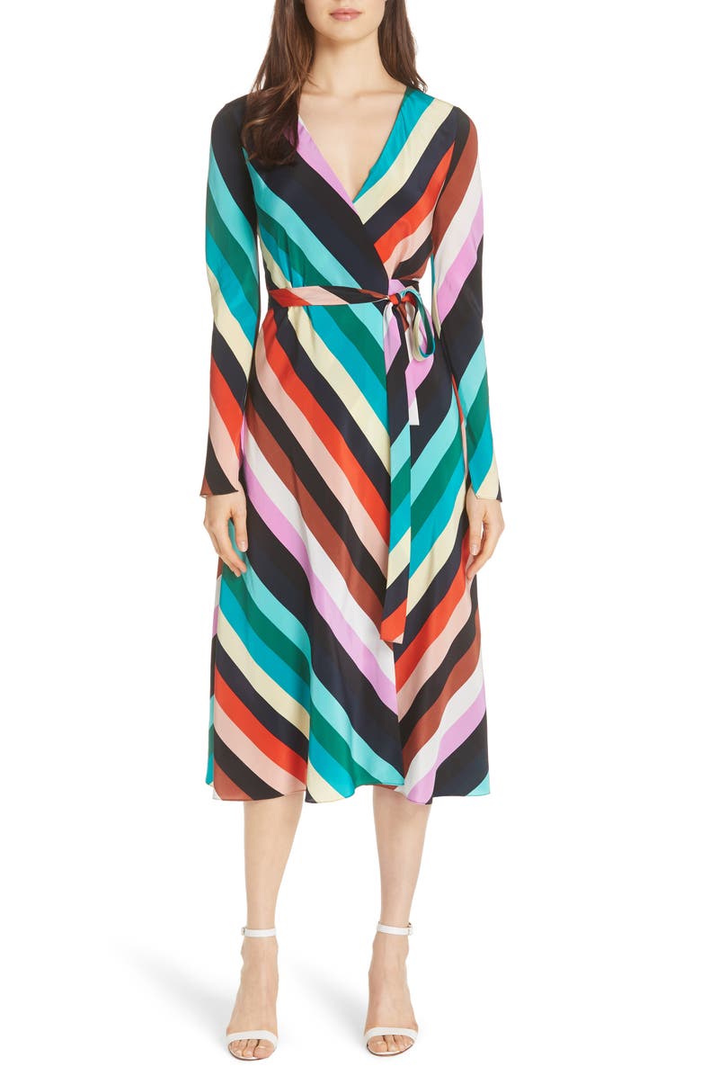 DVF Diane von Furstenberg Stripe Silk Wrap Midi Dress, Main, color,