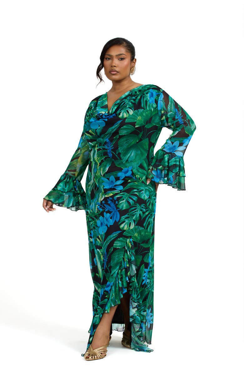 FASHION-SZN CURVE Ruffle Cowl Neck Palm Print Maxi Dress, Alternate, color, Green