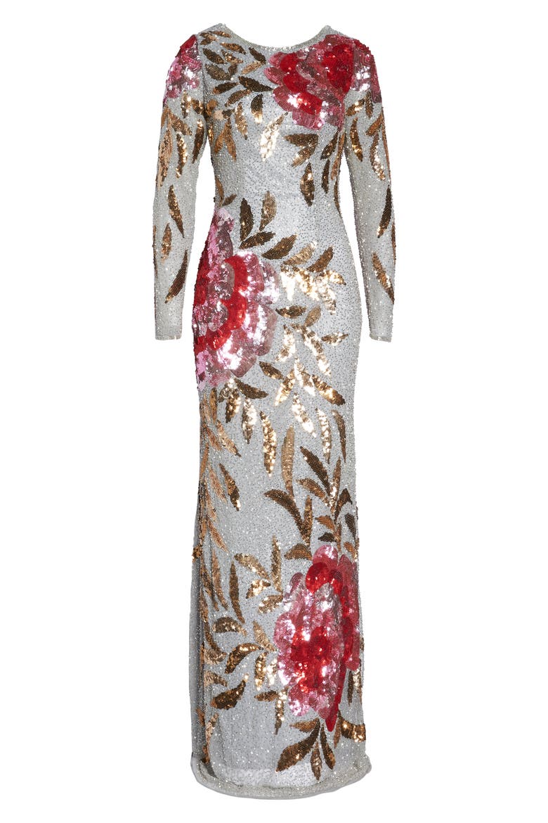 Long Sleeve Sequin Column Gown, Alternate, color, PLATINUM