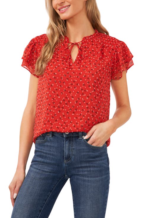 Embroidered Floral Flutter Sleeve Top