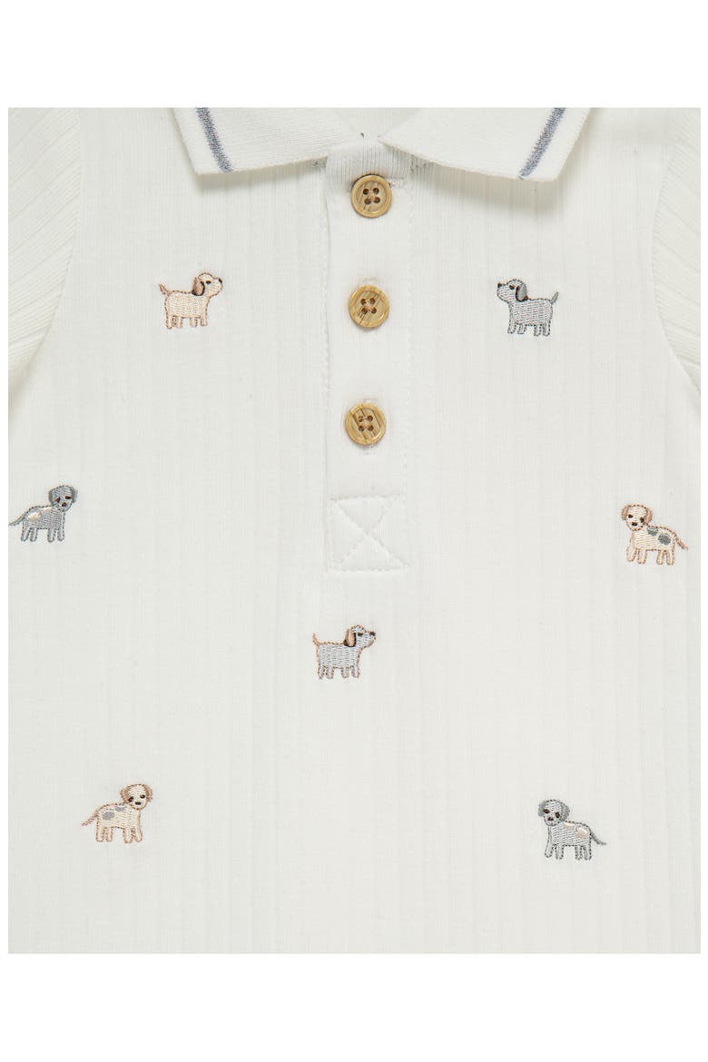 Puppies Cotton Polo Romper & Hat Set, Alternate, color, WHITE
