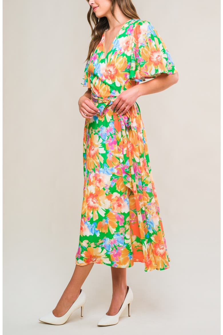 Floral Flutter Sleeve Wrap Midi Dress, Alternate, color, GREEN