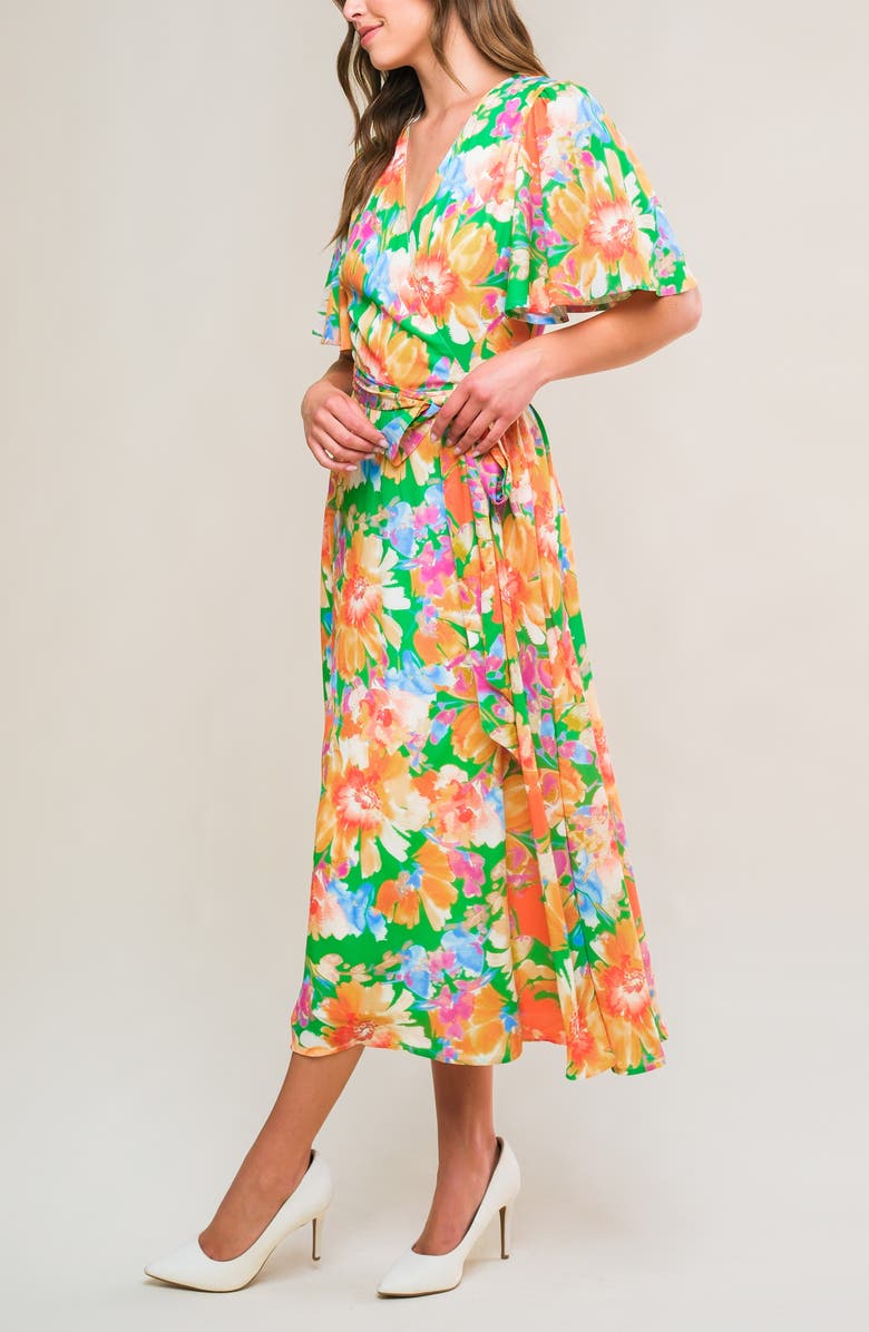 FLYING TOMATO Floral Flutter Sleeve Wrap Midi Dress, Alternate, color, Green