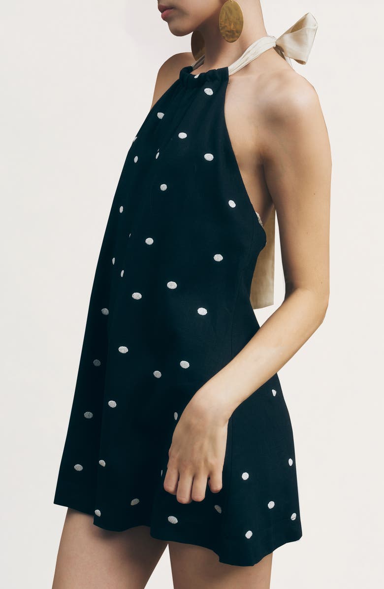 MAUDE CLUB Nica Polka Dot Romper, Alternate, color, Black Sand