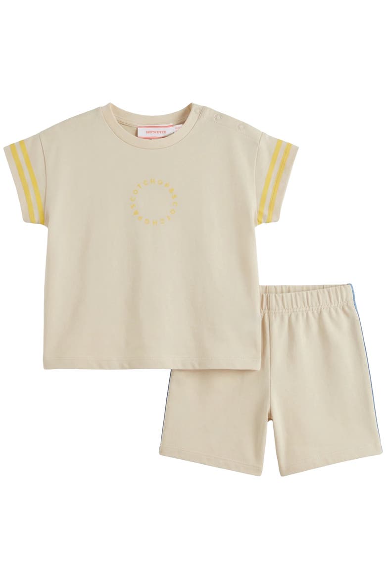 Boy Contrast Stripe Shoulder Snap Top and Elastic Waist Shorts Set, Main, color, Natural