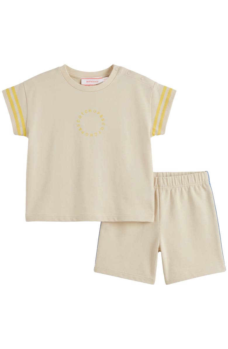 Hopscotch Boy Contrast Stripe Shoulder Snap Top and Elastic Waist Shorts Set, Main, color, Natural