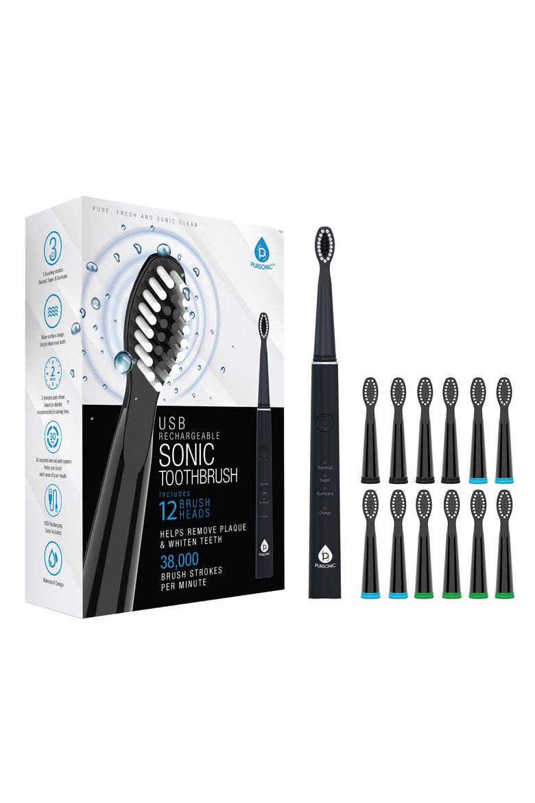 USB Sonic Toothbrush with 12 Heads - White, Alternate, color, BLACK