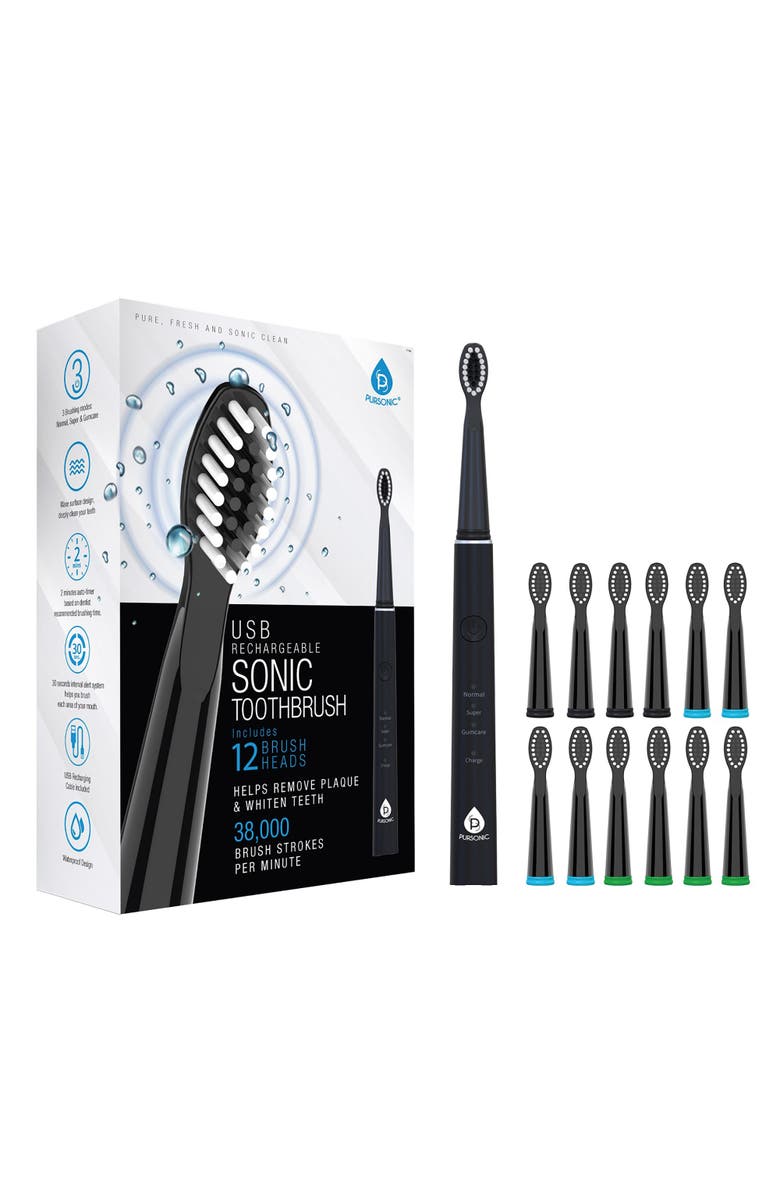 PURSONIC USB Rechargeable Sonic toothbrush with 12 Brush Heads - White, Alternate, color, Black