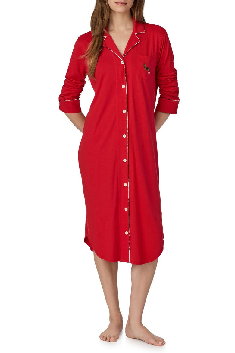 Long Sleeve Cotton Blend Sleep Shirt, Alternate, color, CRIMSON