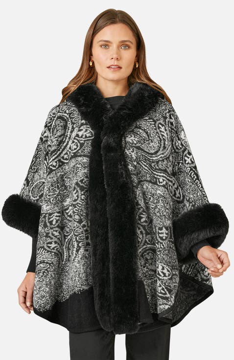 Paisley Print Faux Fur Trim Cape