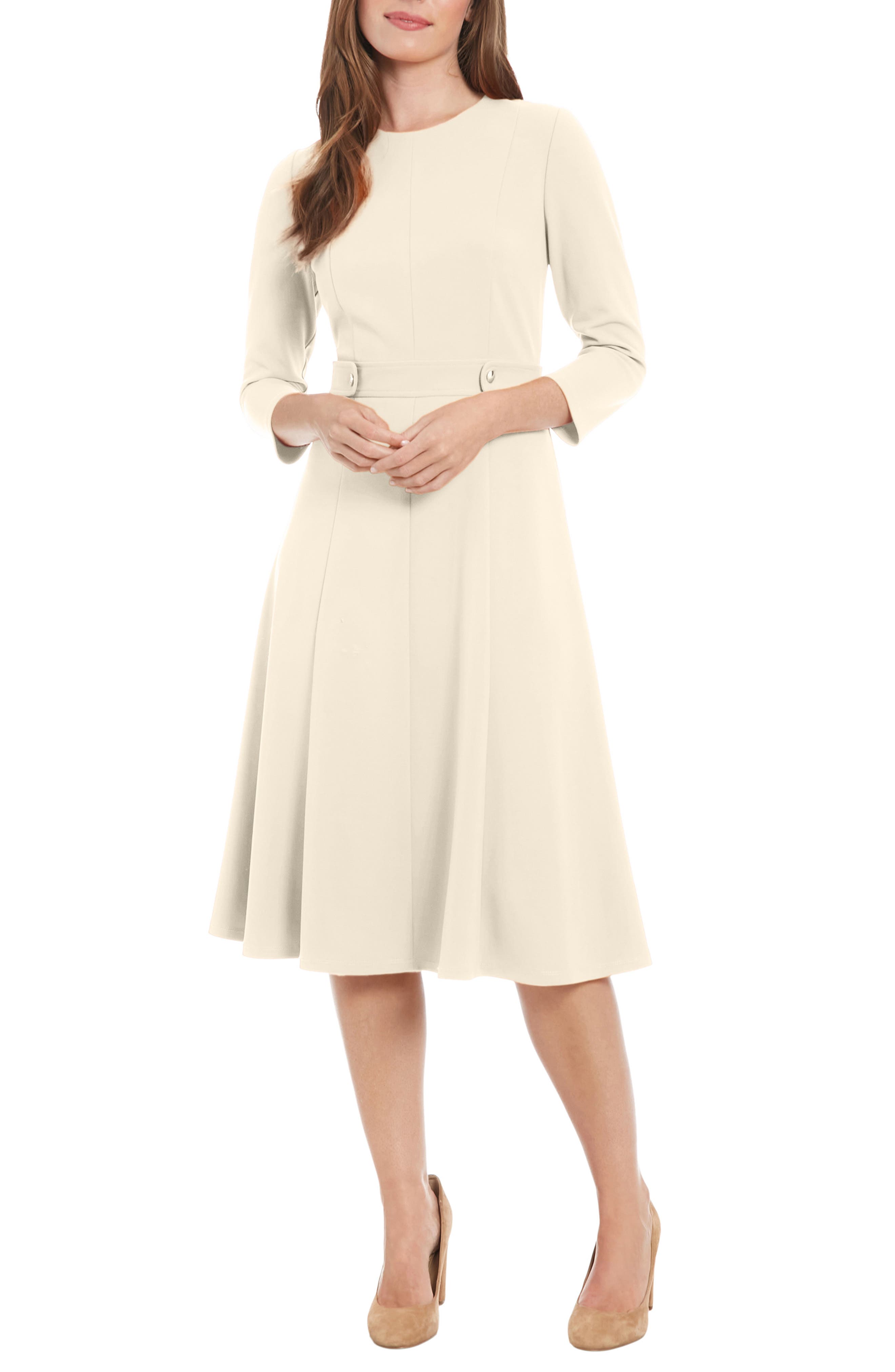 London Times Three-Quarter Sleeve Seamed Side Tab Fit & Flare Midi Dress