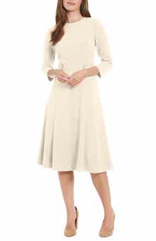 London Times Three-Quarter Sleeve Seamed Side Tab Fit & Flare Midi Dress