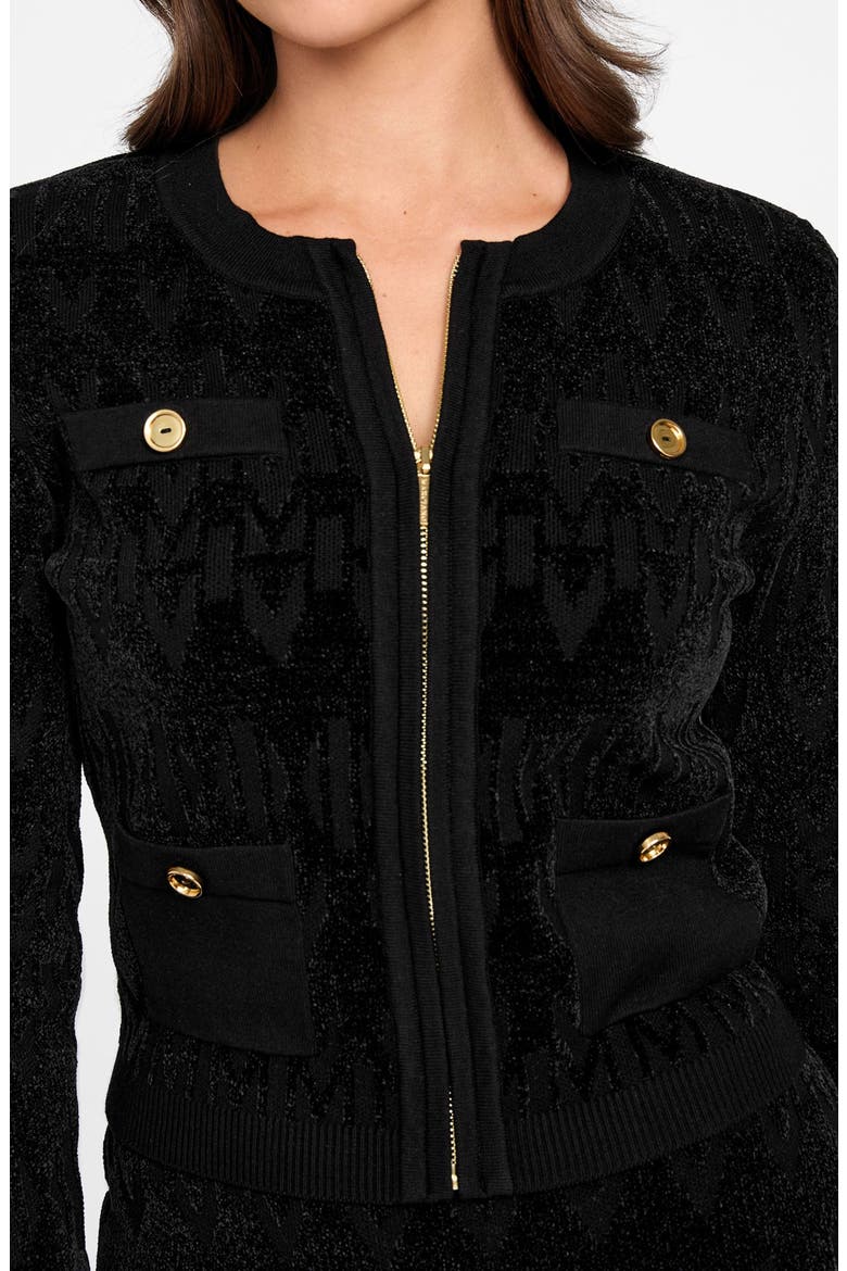 Adele Logo Jacquard Chenille Zip-Up Cardigan, Alternate, color, JBLACK-BLACK