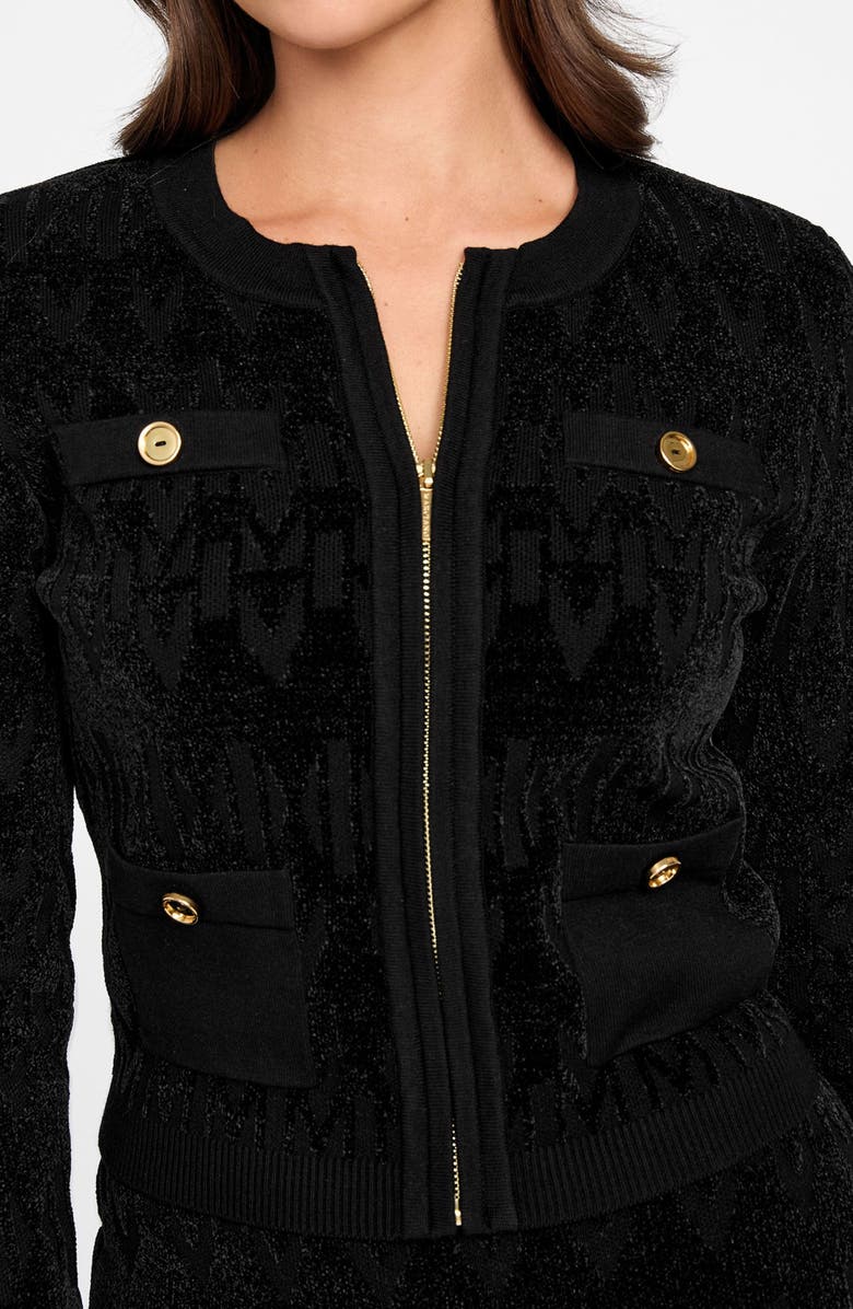 Marciano Adele Logo Jacquard Chenille Zip-Up Cardigan, Alternate, color, Jblack-Black