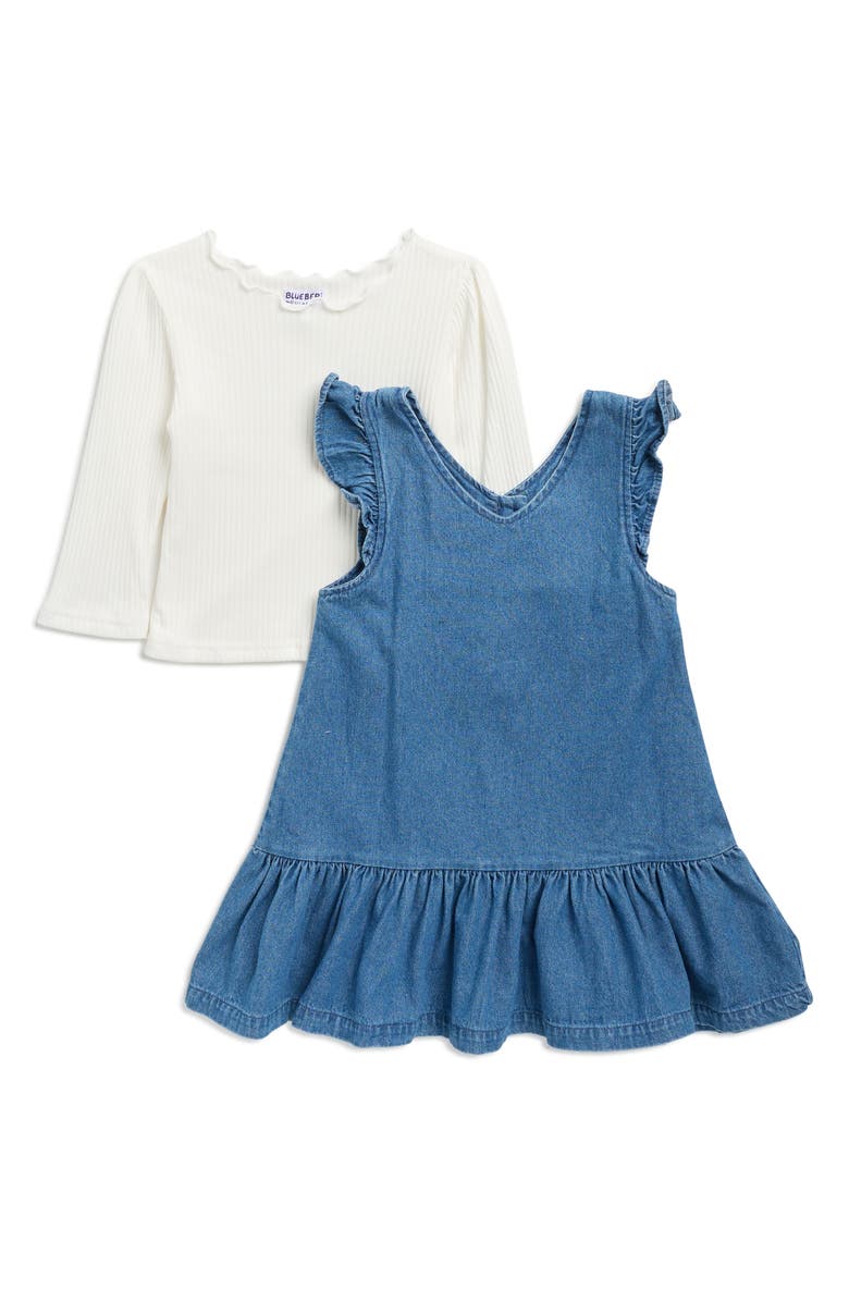 BLUEBERRY Kids' Lettuce Edge Long Sleeve Top & Ruffle Denim Dress Set, Main, color, Medium Denim