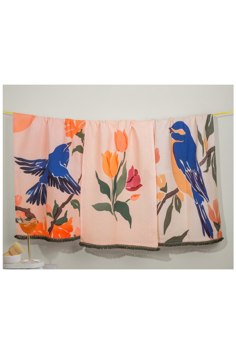 Bluebird Garden Set of 3 Cotton Waffle Kitchen Towels, Alternate, color, PEACH/ ROYAL BLUE/ ORANGE