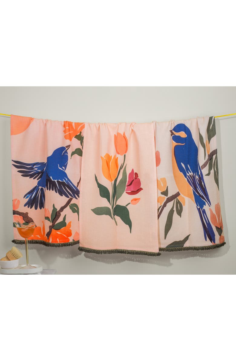 Tiramisu Bluebird Garden Set of 3 Cotton Waffle Kitchen Towels, Alternate, color, Peach/ Royal Blue/ Orange