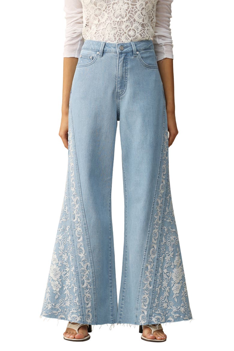 Embroidered High Waist Raw Hem Flare Jeans, Main, color, LIGHT BLUE