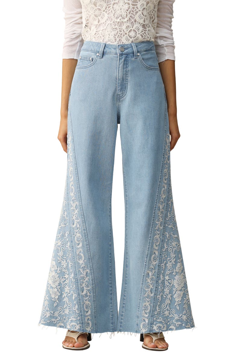 Bayeas Embroidered High Waist Raw Hem Flare Jeans, Main, color, 