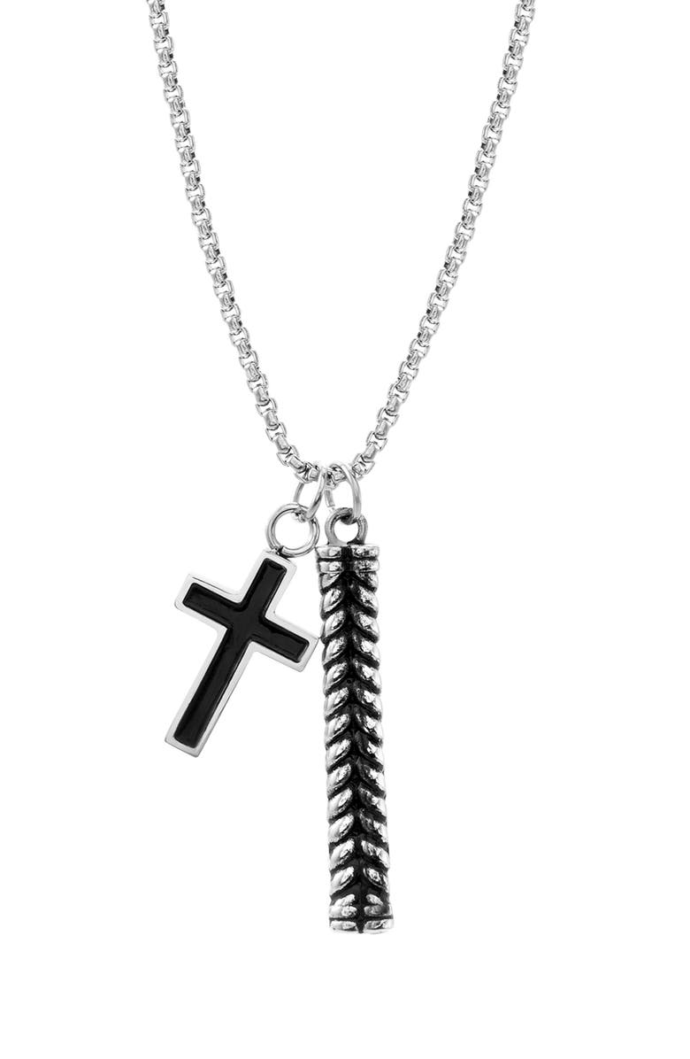 Steve Madden Cross & Ribbed Bar Pendant Necklace, Main, color, 
