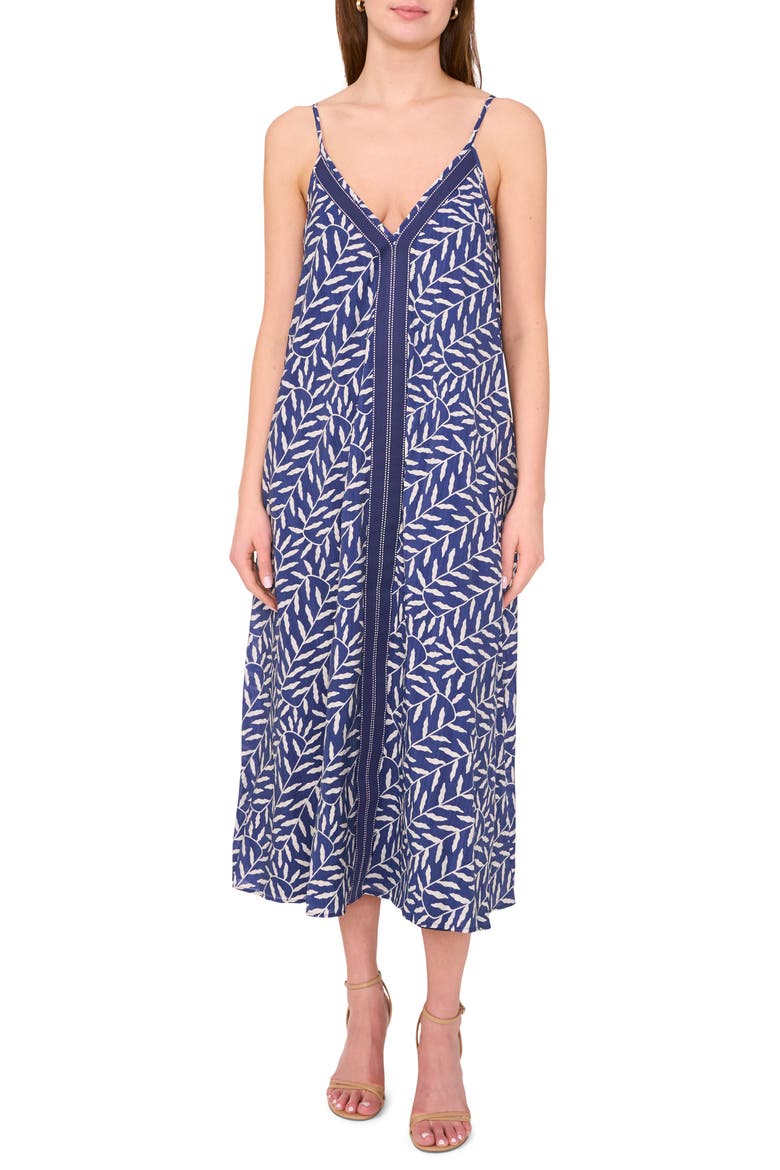 Leaf Print Contrast Detail Shift Dress, Main, color, BLUE DEPTHS