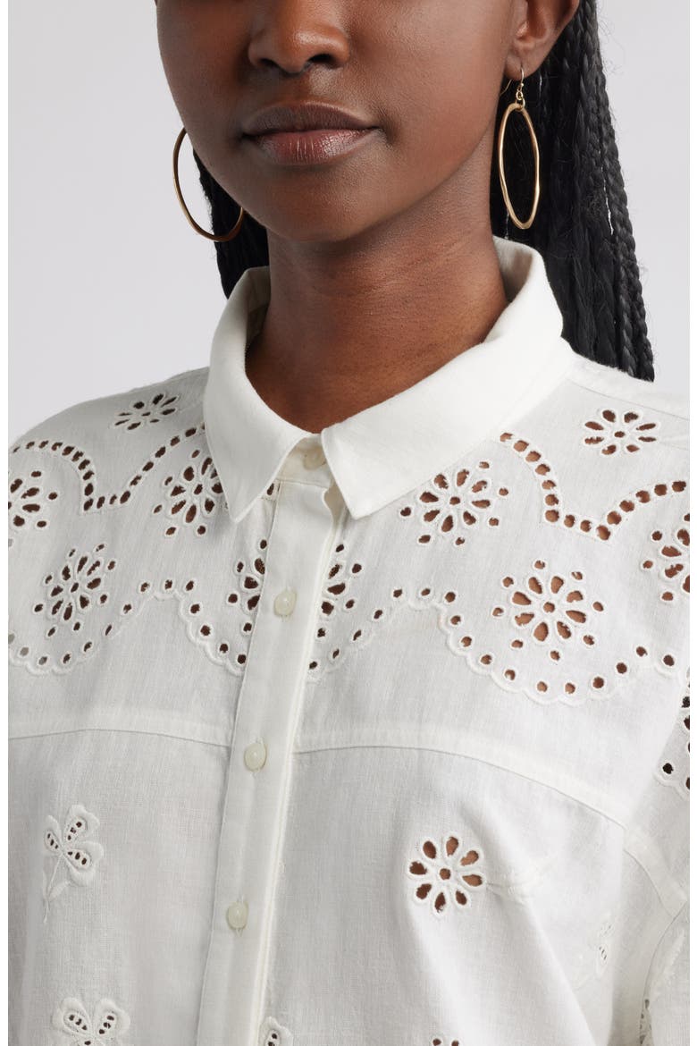 Eyelet Cotton & Linen Button-Up Shirt, Alternate, color, IVORY EGRET