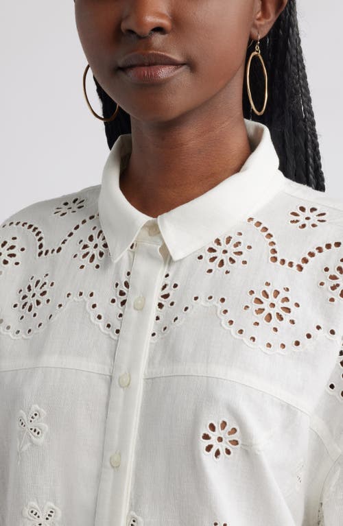 Treasure & Bond Eyelet Cotton & Linen Button-up Shirt In White