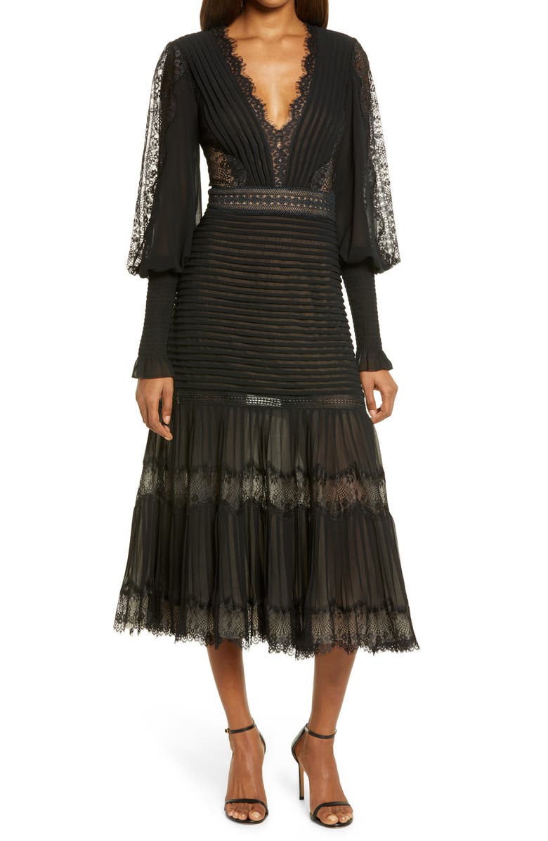 Tadashi Shoji Lace Pintuck Long Sleeve Cocktail Dress, Main, color, Black/ Nude