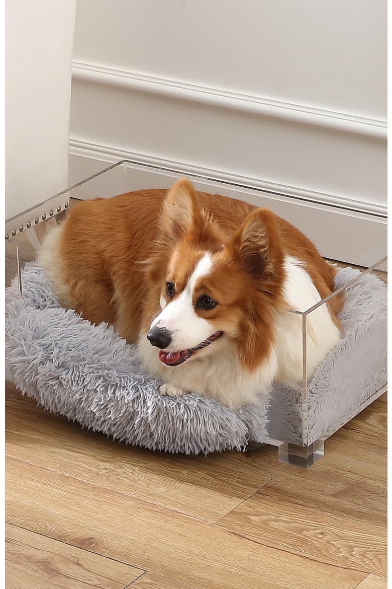 Billie Modern Acrylic Calming Fluffy Pet Bed with Washable Cushion and Elevated Pet Feeder with 2-Stainless Steel Bowls, Alternate, color, Light Gray/Clear