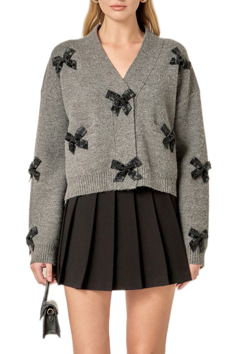 Beaded Bow Oversize Cardigan, Main, color, CHARCOAL