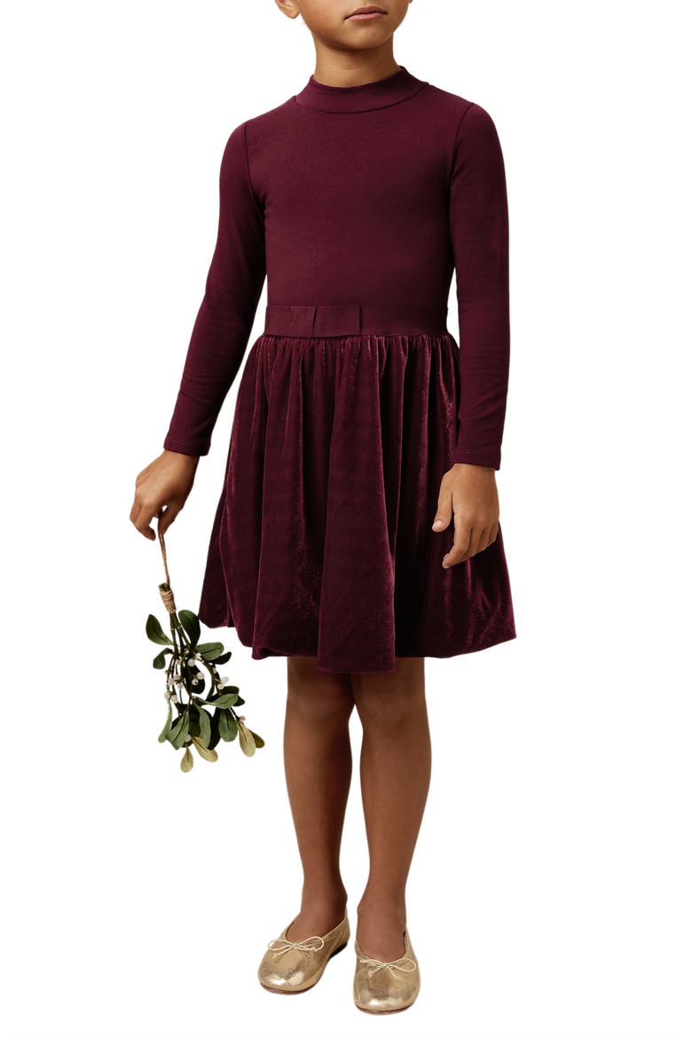Kids' Bruna Long Sleeve Stretch Cotton Party Dress, Alternate, color, BURGUNDY