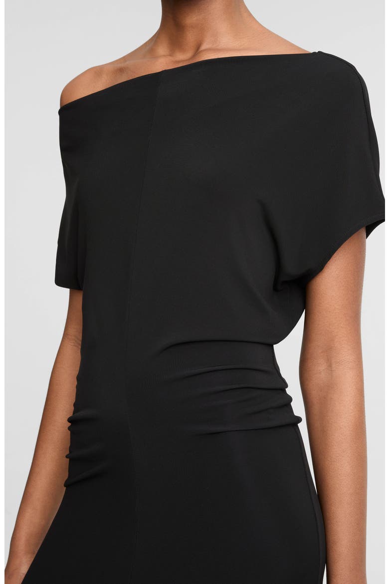 Ruched One-Shoulder Midi Dress, Alternate, color, BLACK