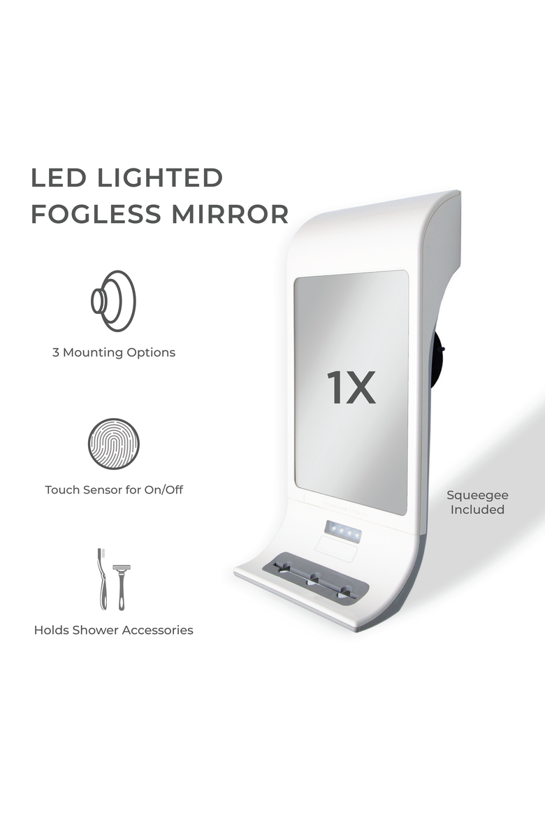 Fogless Lighted Shower Mirror with Suction Cup Mounting & Squeegee, Alternate, color, White