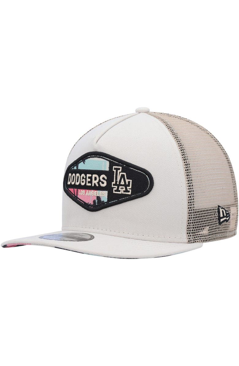 New Era Men's New Era Natural Los Angeles Dodgers Retro Beachin' Patch A-Frame Trucker 9FIFTY Snapback Hat, Main, color, 