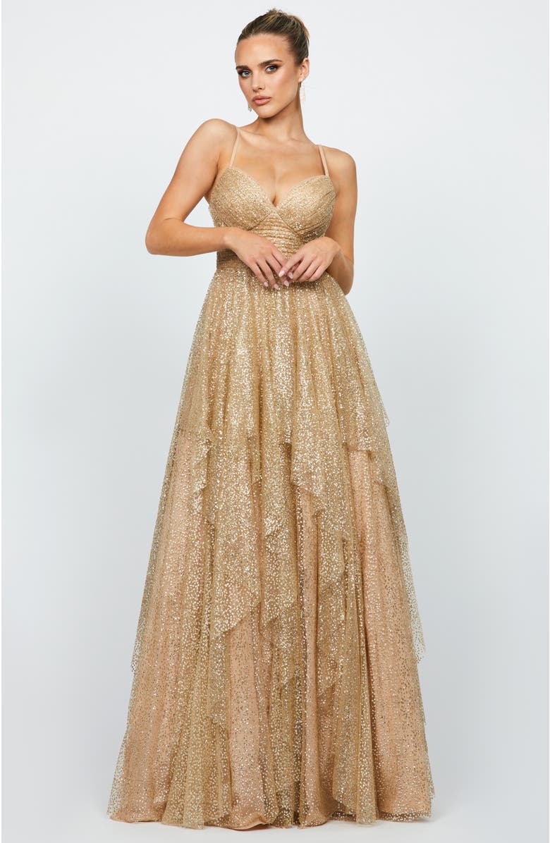 Bariano Brylee Glitter Ball Gown, Main, color, Gold