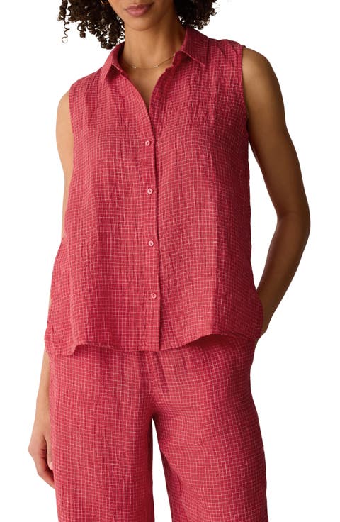 Grid Sleeveless Organic Linen Button-Up Shirt (Regular & Petite)