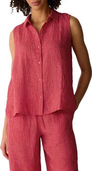 Eileen Fisher Grid Sleeveless Organic Linen Button-Up Shirt