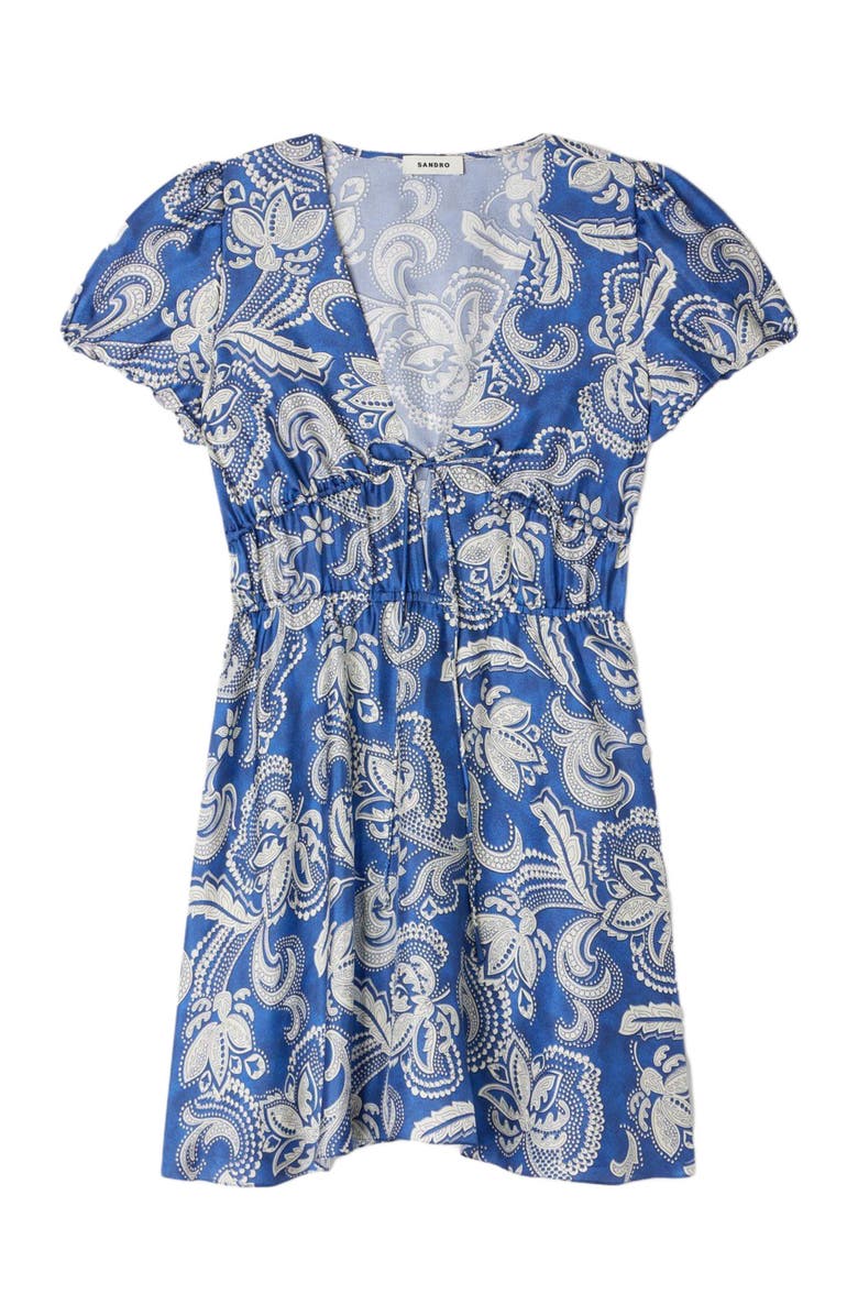 SANDRO Floral print short dress, Alternate, color, Blue / Ecru