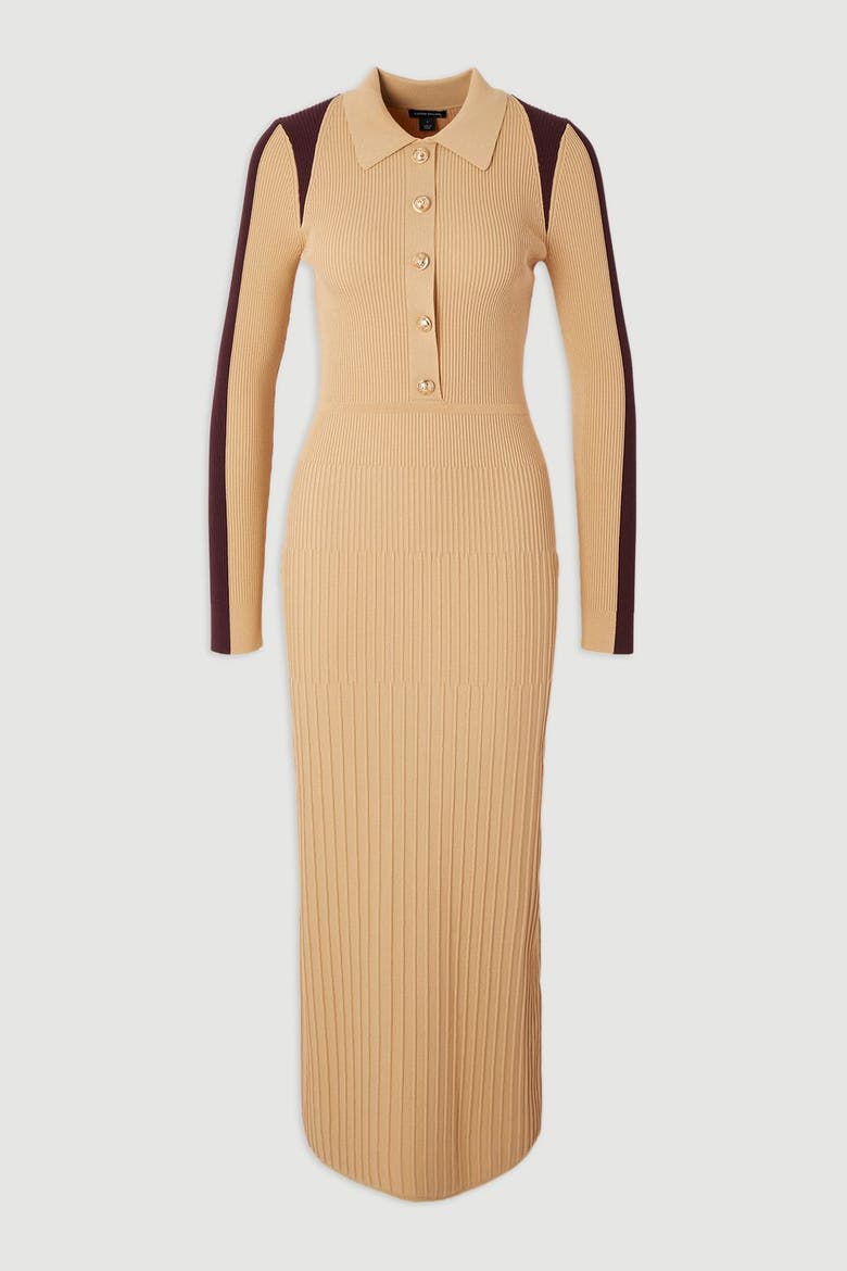 Rib Knit Long Sleeve Military Midi Dress, Alternate, color, Natural