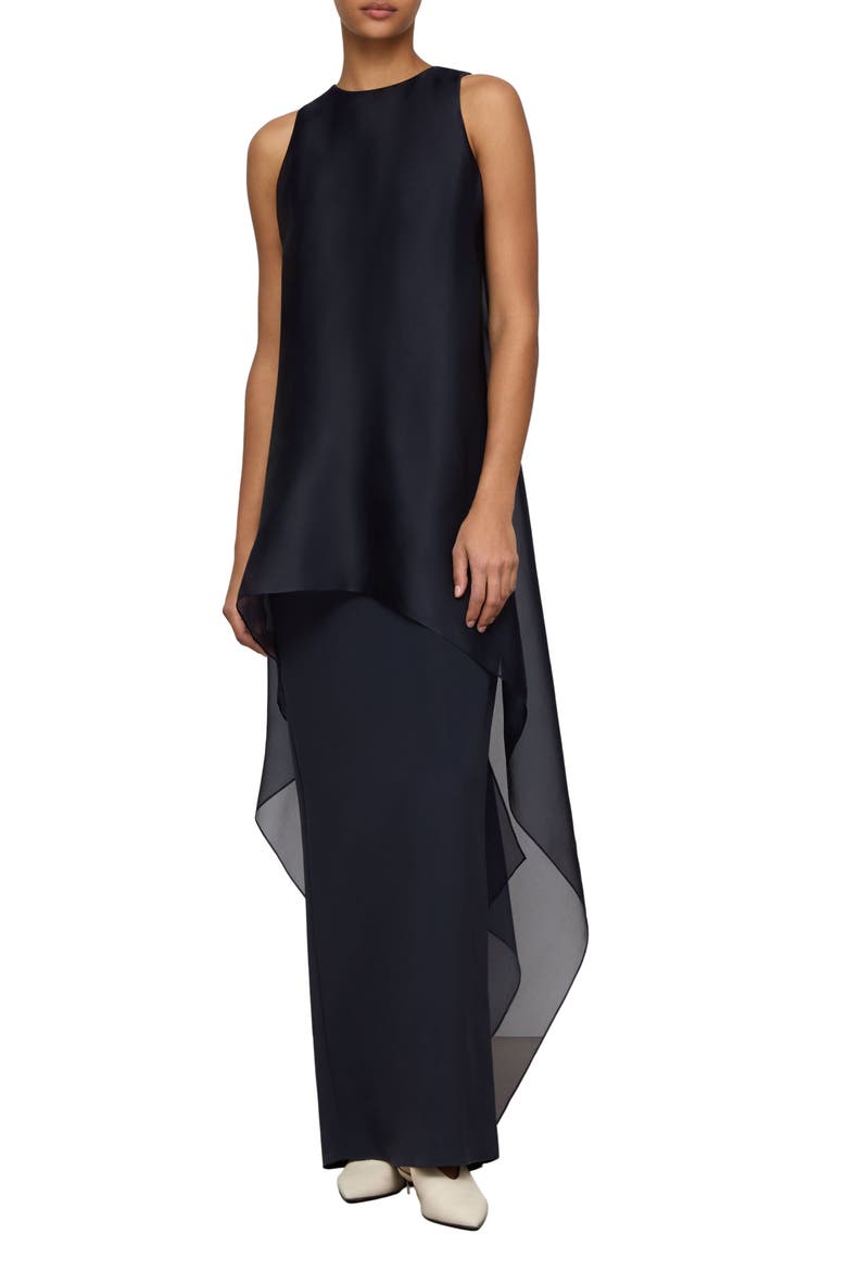 Tie Back Overlay Sleeveless Silk Column Gown, Main, color, INK