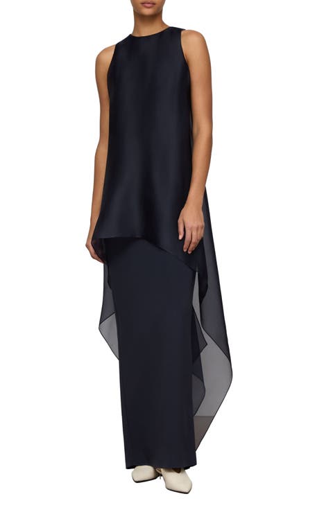 Tie Back Overlay Sleeveless Silk Column Gown