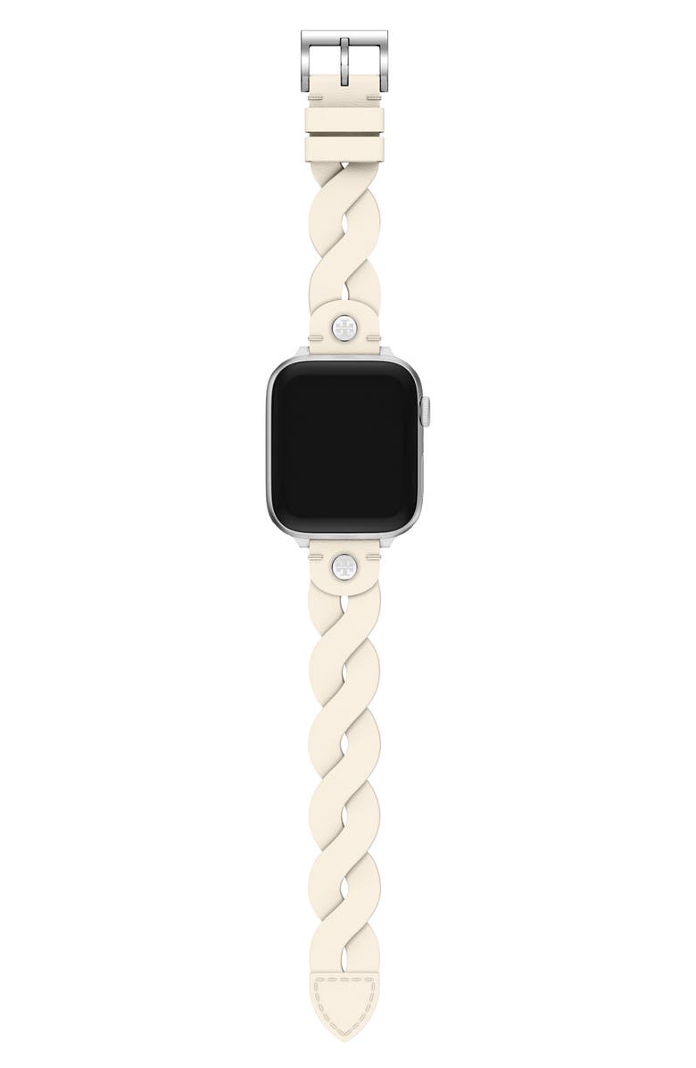 Tory Burch The Miller Braided Leather 20mm Apple Watch<sup>®</sup> Watchband, Alternate, color, Ivory