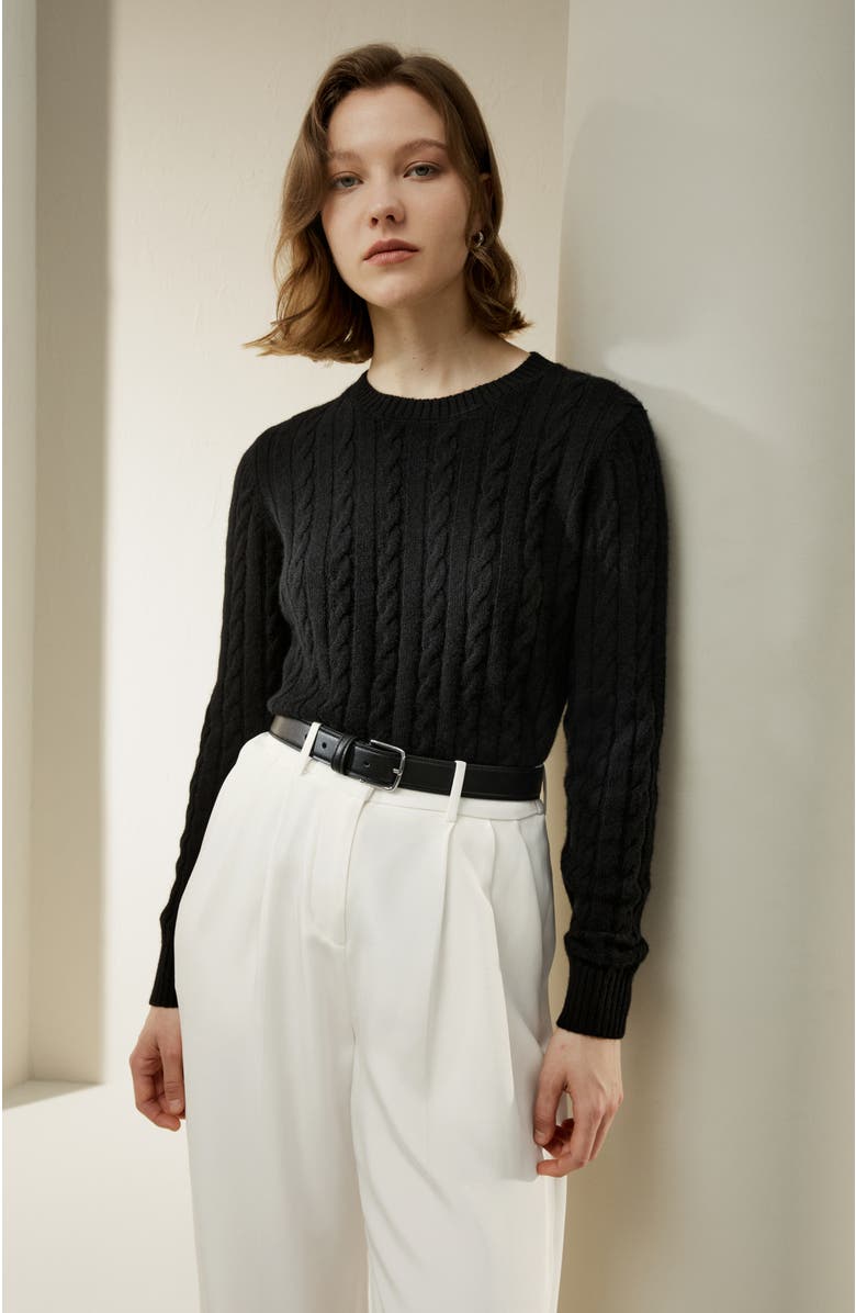 Lilysilk Women's Classic Cable Knit Sweater with Ribbed Edges, Alternate, color, Black