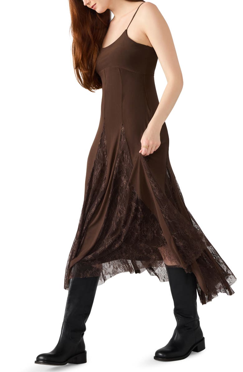 Steve Madden Vita Lace Detail Godet Pleat Dress, Alternate, color, Chocolate