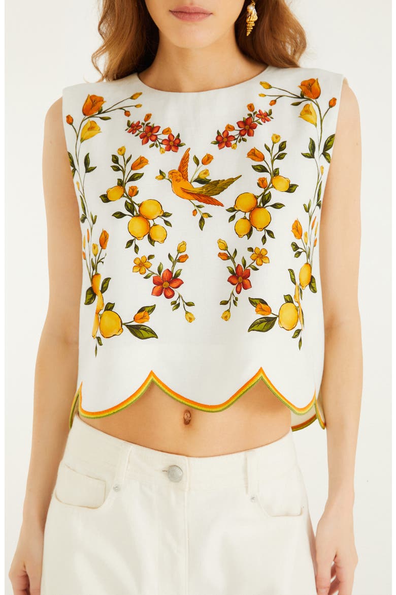 Lemon Bouquet Floral Linen Blend Crop Top, Main, color, LEMON BOUQUET OFF-WHITE