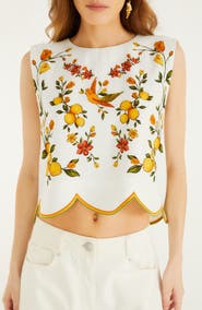 FARM Rio Lemon Bouquet Floral Linen Blend Crop Top